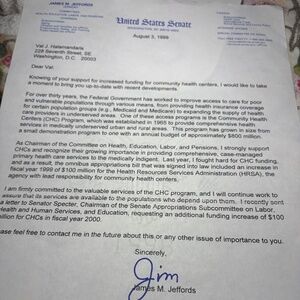 🇺🇸 Senator Jim Jeffords — 1990s Signed Autograph Letter | Vermont Republican